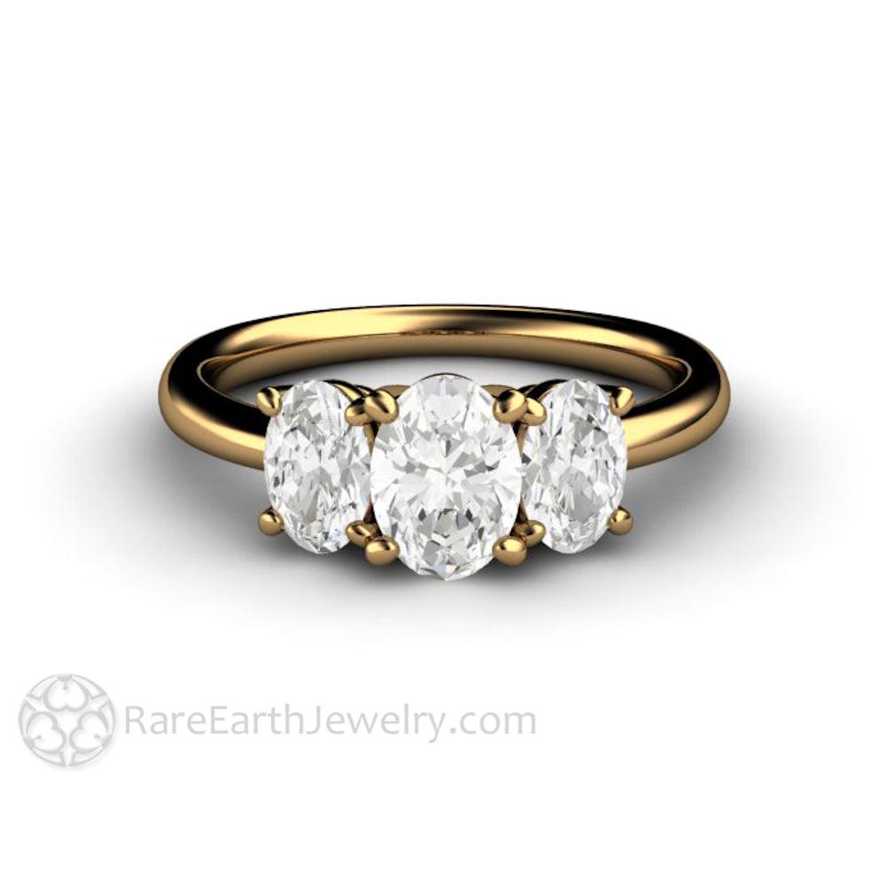 Three Stone Oval Forever One Moissanite Engagement Ring, Rare Earth Jewelry