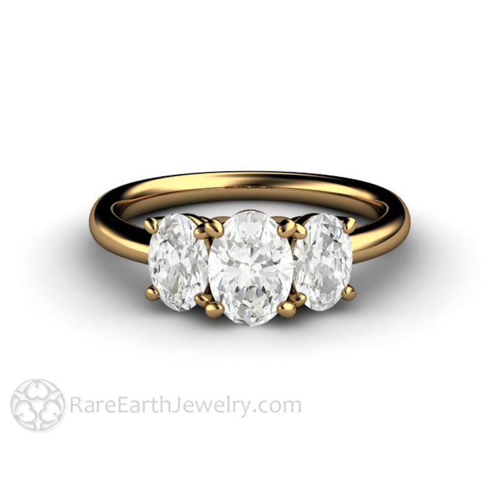 Three Stone Oval Forever One Moissanite Engagement Ring, Rare Earth Jewelry