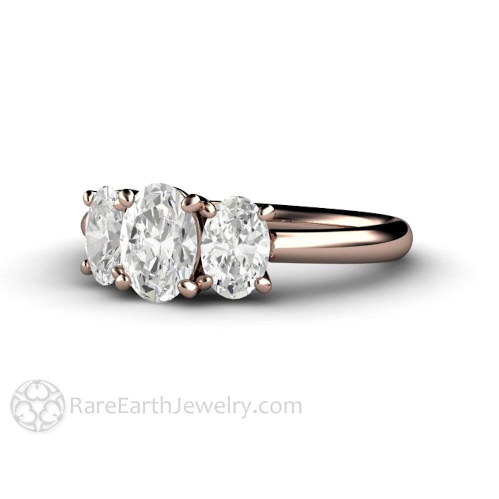 Three Stone Oval Forever One Moissanite Engagement Ring, Rare Earth Jewelry