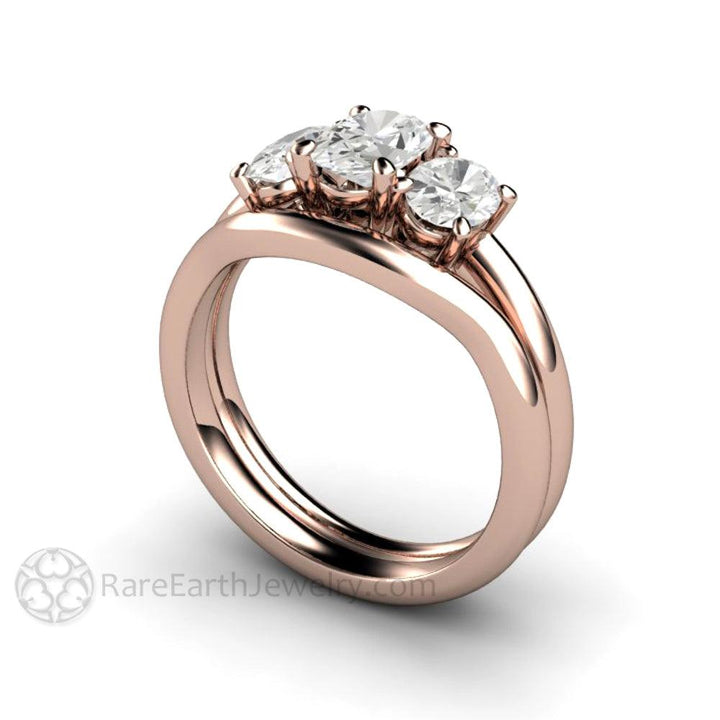 Three Stone Oval Forever One Moissanite Engagement Ring, Rare Earth Jewelry