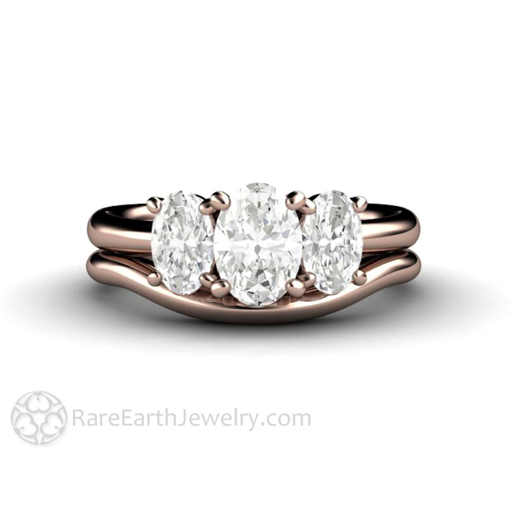 Three Stone Oval Forever One Moissanite Engagement Ring, Rare Earth Jewelry