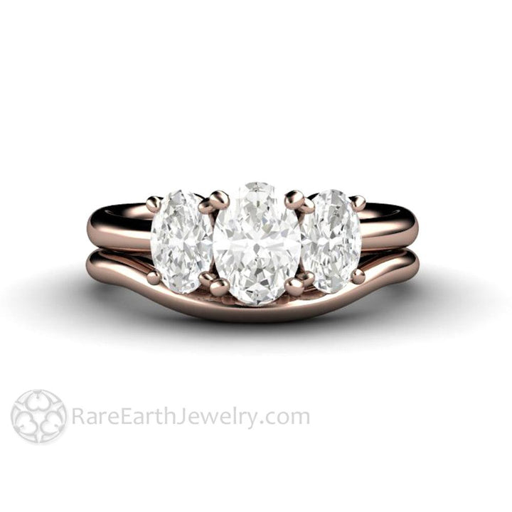Three Stone Oval Forever One Moissanite Engagement Ring, Rare Earth Jewelry