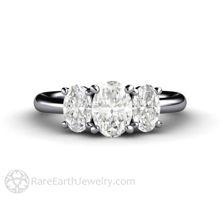 Three Stone Oval Forever One Moissanite Engagement Ring, Rare Earth Jewelry