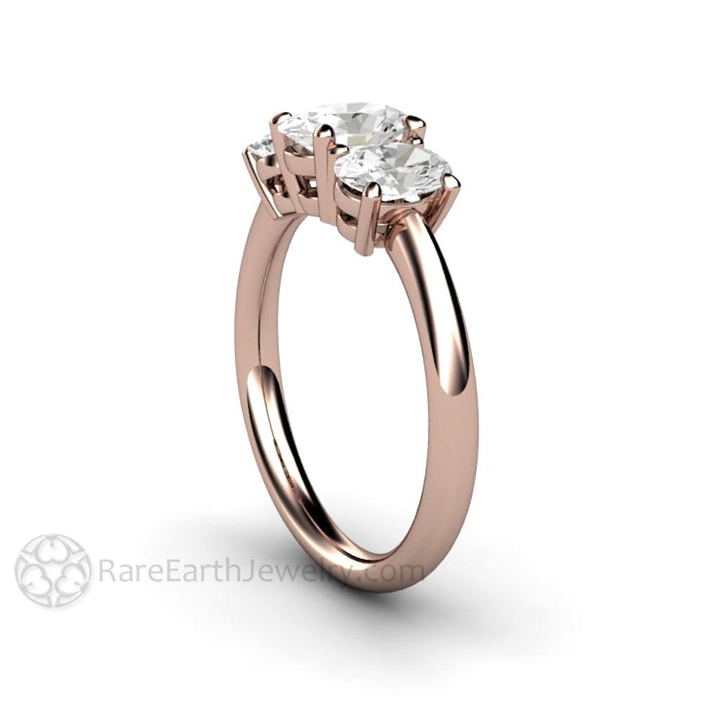 Three Stone Oval Forever One Moissanite Engagement Ring, Rare Earth Jewelry
