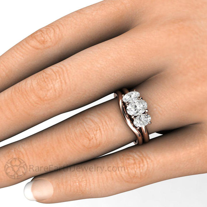 Three Stone Oval Forever One Moissanite Engagement Ring, Rare Earth Jewelry