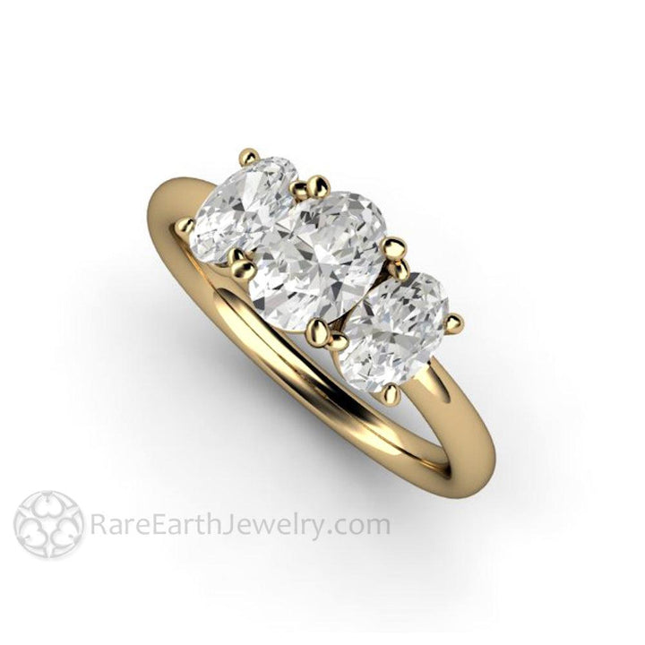Three Stone Oval Forever One Moissanite Engagement Ring, Rare Earth Jewelry