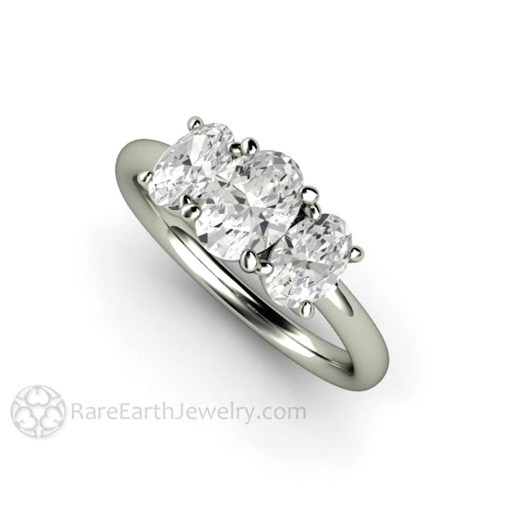 Three Stone Oval Forever One Moissanite Engagement Ring, Rare Earth Jewelry