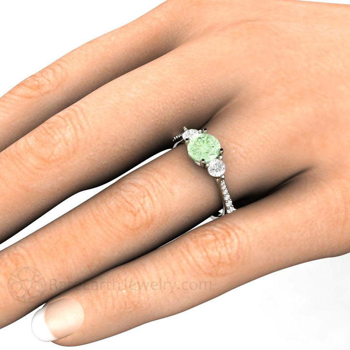 Pastel Green Moissanite Engagement Ring 3 Stone Style, Rare Earth Jewelry