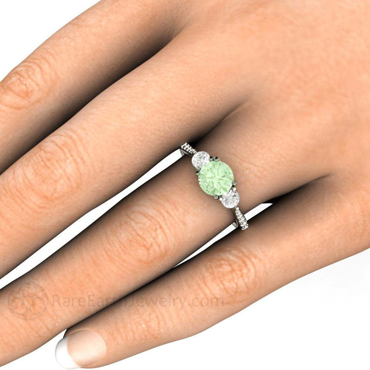 Pastel Green Moissanite Engagement Ring 3 Stone Style, Rare Earth Jewelry