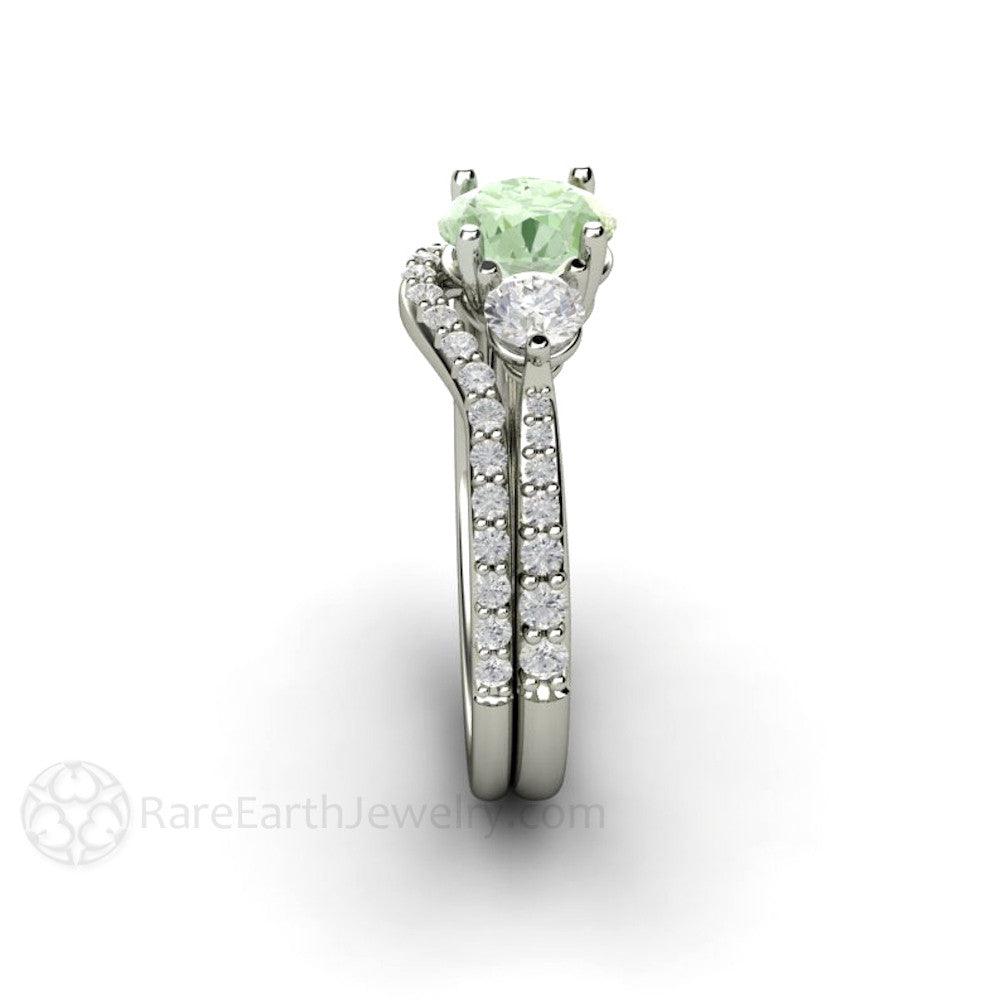 Pastel Green Moissanite Engagement Ring 3 Stone Style, Rare Earth Jewelry