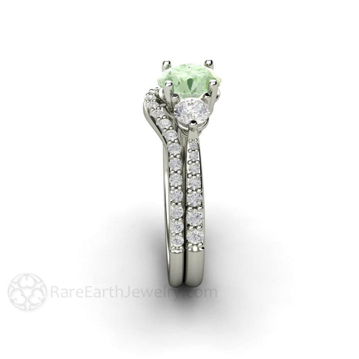 Pastel Green Moissanite Engagement Ring 3 Stone Style, Rare Earth Jewelry
