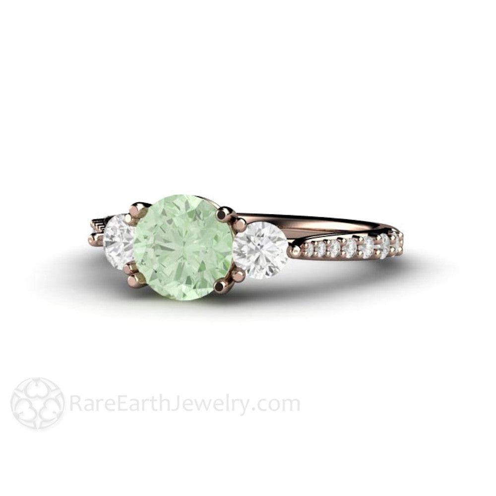 Pastel Green Moissanite Engagement Ring 3 Stone Style, Rare Earth Jewelry