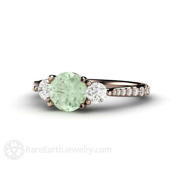 Pastel Green Moissanite Engagement Ring 3 Stone Style, Rare Earth Jewelry