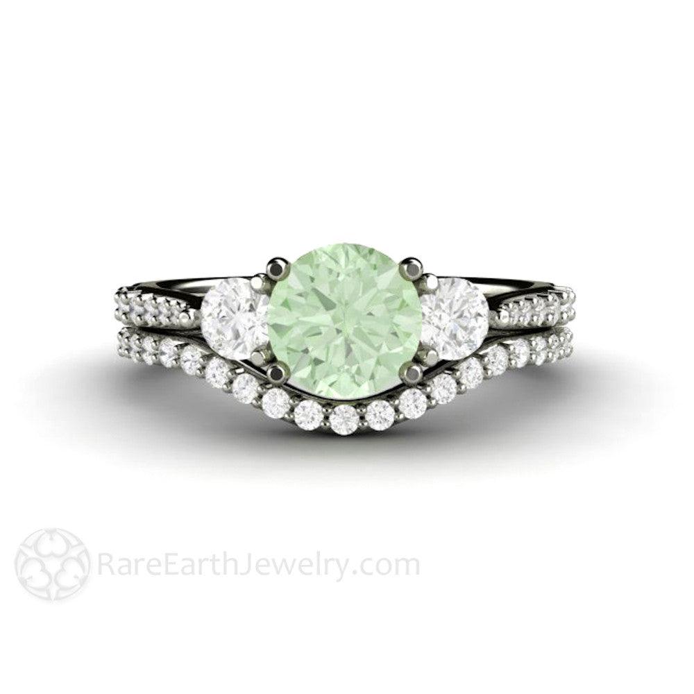 Pastel Green Moissanite Engagement Ring 3 Stone Style, Rare Earth Jewelry
