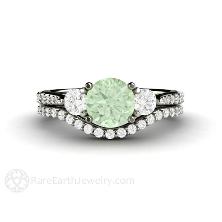 Pastel Green Moissanite Engagement Ring 3 Stone Style, Rare Earth Jewelry
