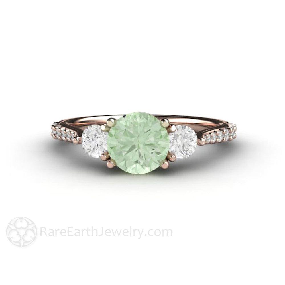 Pastel Green Moissanite Engagement Ring 3 Stone Style, Rare Earth Jewelry