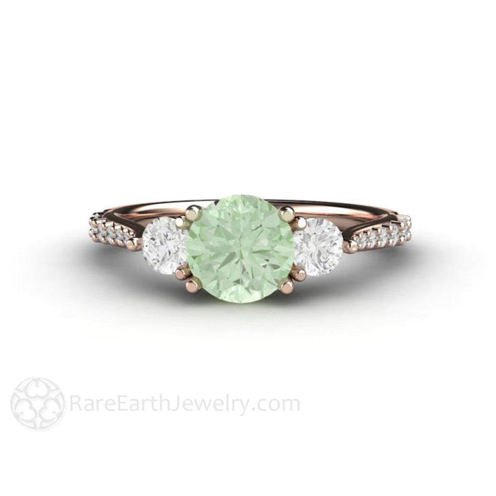Pastel Green Moissanite Engagement Ring 3 Stone Style, Rare Earth Jewelry