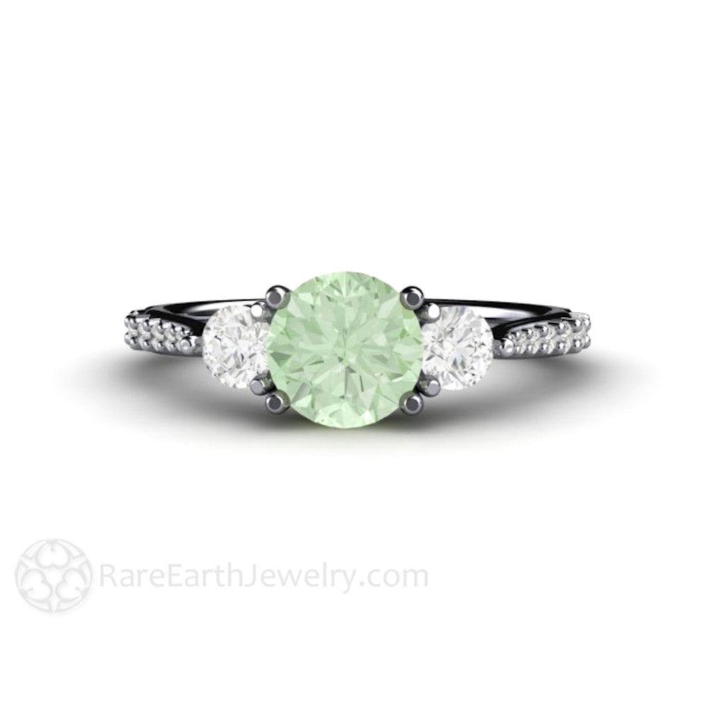 Pastel Green Moissanite Engagement Ring 3 Stone Style, Rare Earth Jewelry