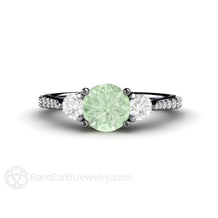 Pastel Green Moissanite Engagement Ring 3 Stone Style, Rare Earth Jewelry