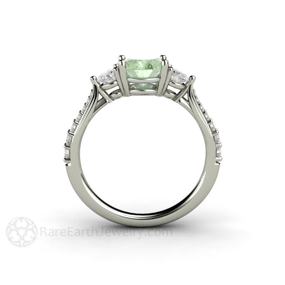 Pastel Green Moissanite Engagement Ring 3 Stone Style, Rare Earth Jewelry