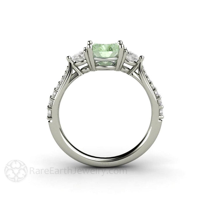Pastel Green Moissanite Engagement Ring 3 Stone Style, Rare Earth Jewelry