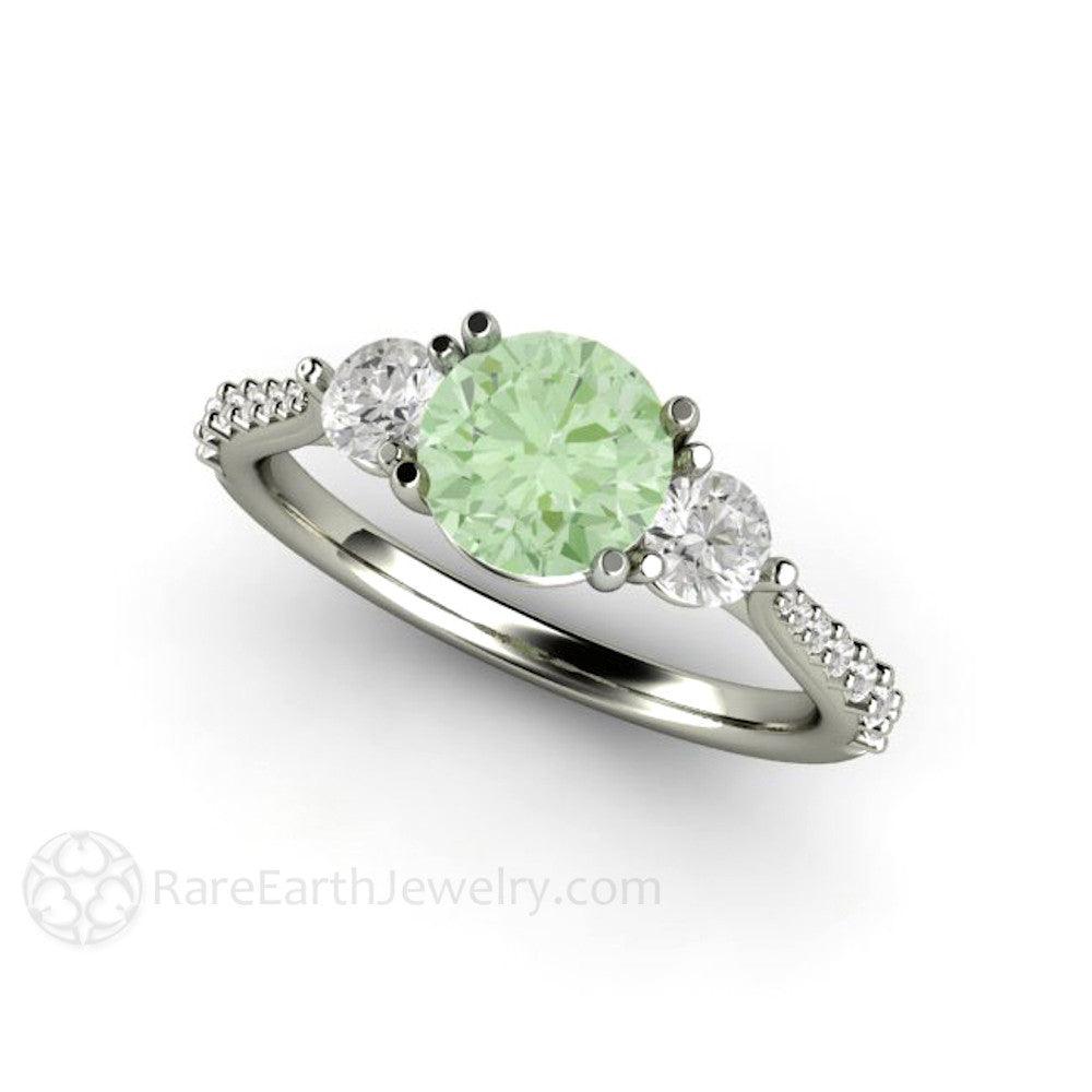 Pastel Green Moissanite Engagement Ring 3 Stone Style, Rare Earth Jewelry
