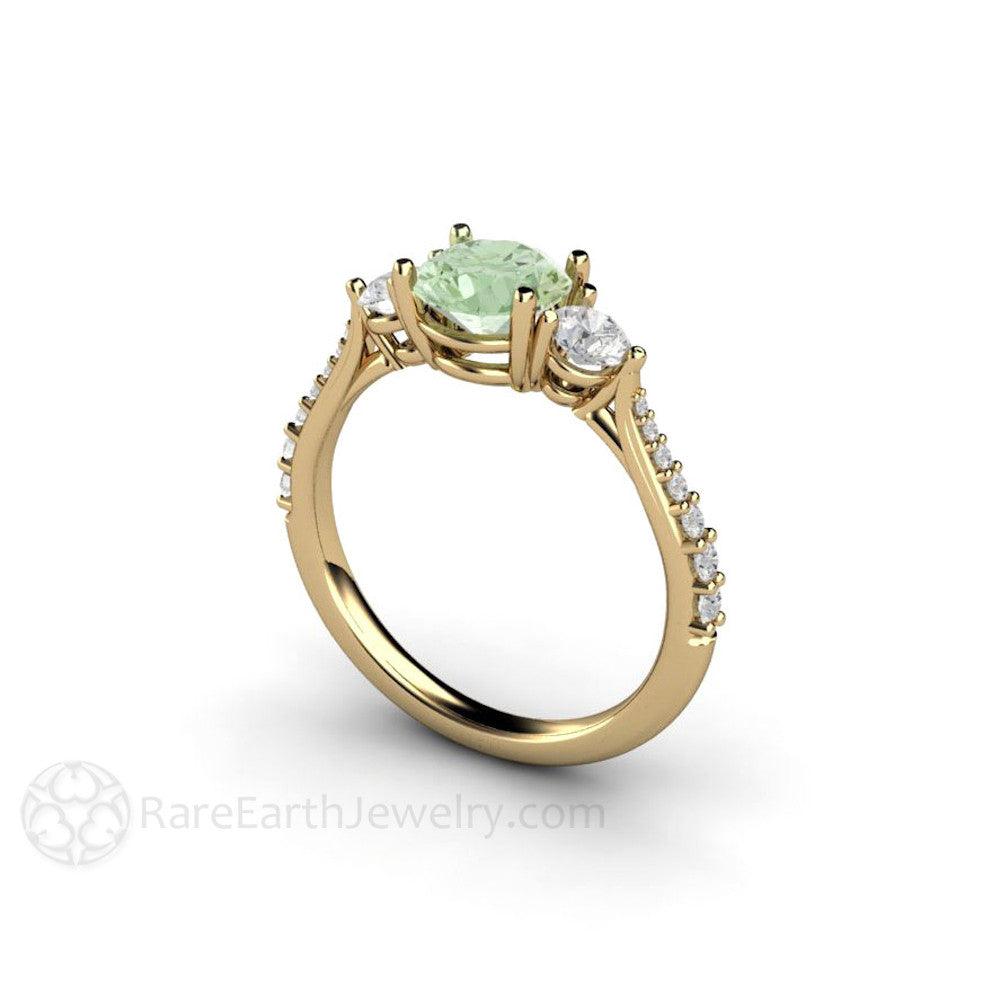 Pastel Green Moissanite Engagement Ring 3 Stone Style, Rare Earth Jewelry