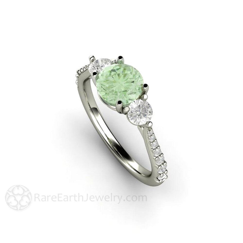 Pastel Green Moissanite Engagement Ring 3 Stone Style, Rare Earth Jewelry