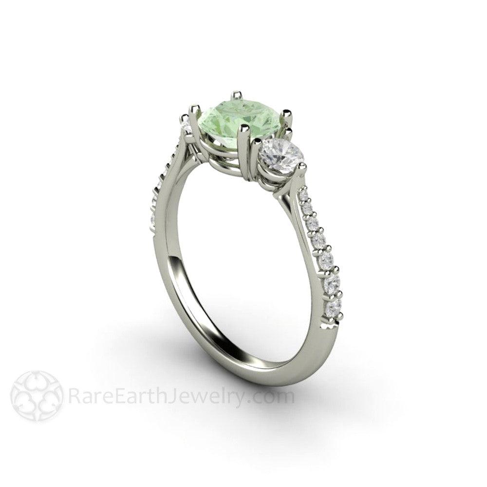 Pastel Green Moissanite Engagement Ring 3 Stone Style, Rare Earth Jewelry