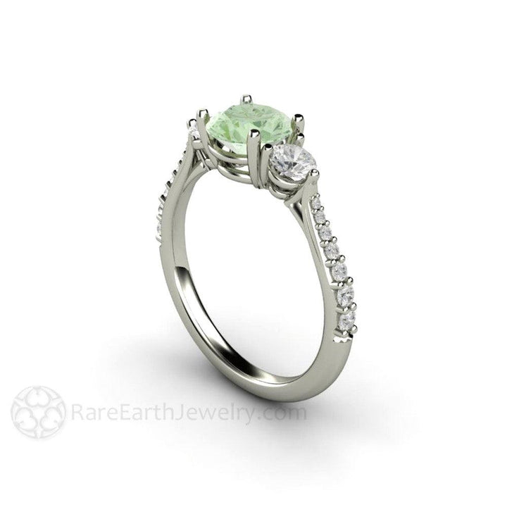 Pastel Green Moissanite Engagement Ring 3 Stone Style, Rare Earth Jewelry
