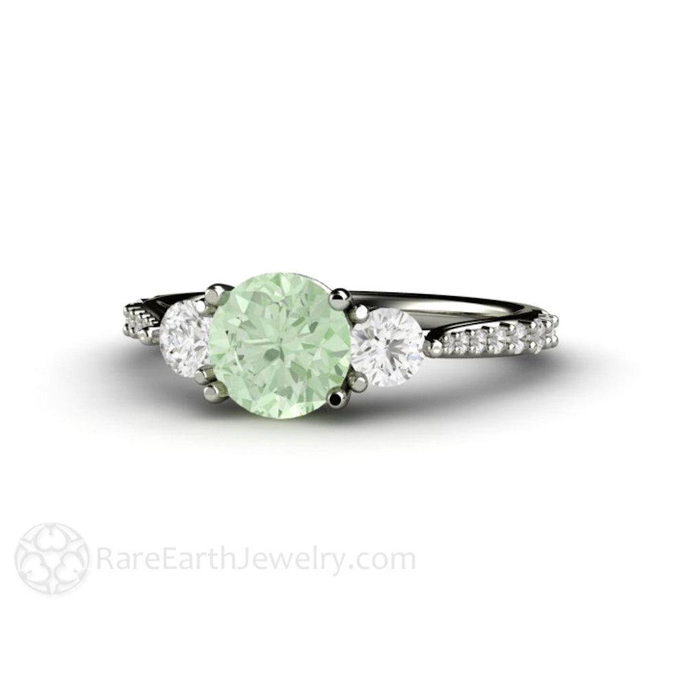 Pastel Green Moissanite Engagement Ring 3 Stone Style, Rare Earth Jewelry