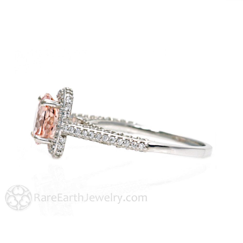 Pave Diamond Halo Morganite Wedding Set Engagement Ring and Band, Rare Earth Jewelry