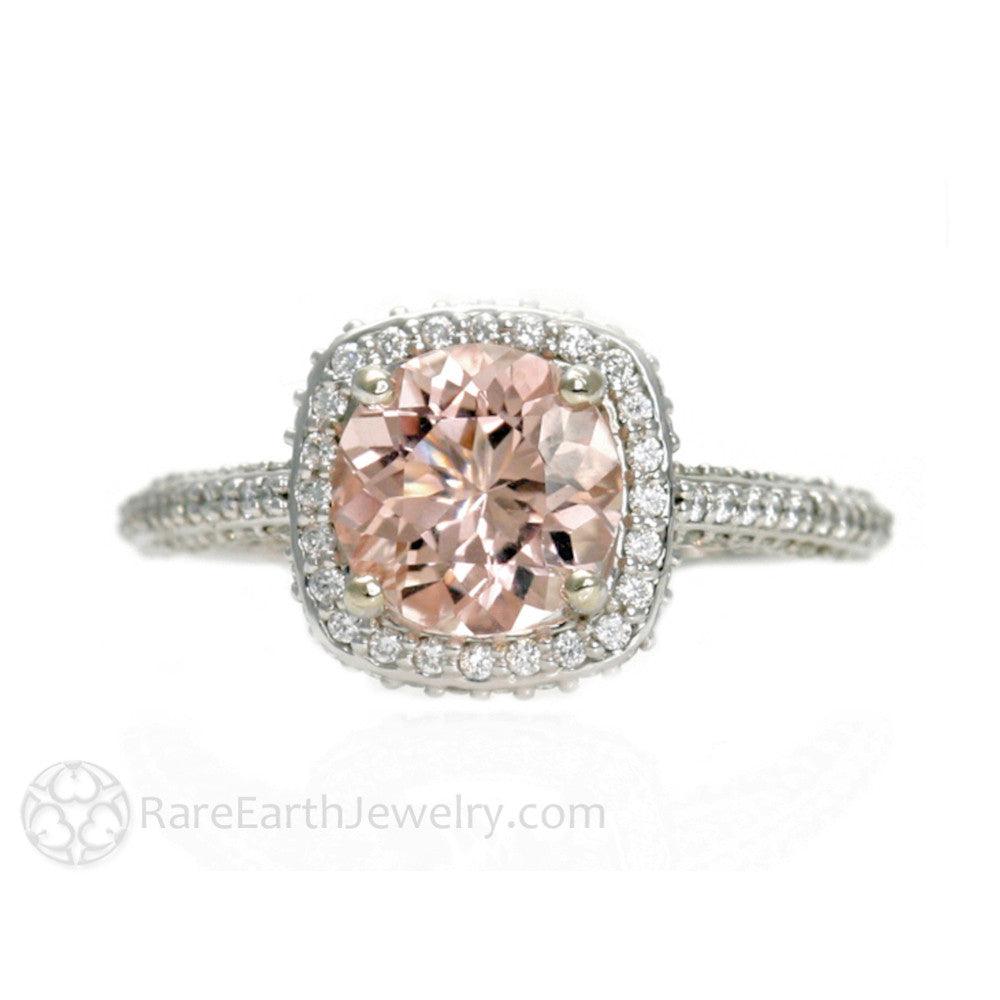 Pave Diamond Halo Morganite Wedding Set Engagement Ring and Band, Rare Earth Jewelry