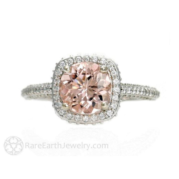 Pave Diamond Halo Morganite Wedding Set Engagement Ring and Band, Rare Earth Jewelry