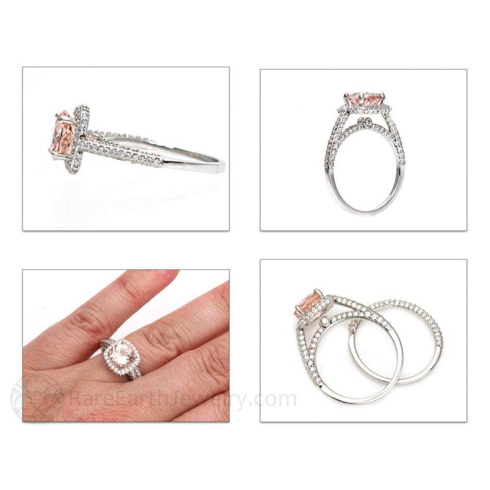 Pave Diamond Halo Morganite Wedding Set Engagement Ring and Band, Rare Earth Jewelry