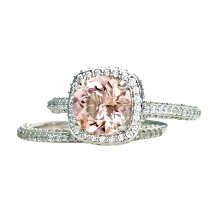 Pave Diamond Halo Morganite Wedding Set Engagement Ring and Band, Rare Earth Jewelry