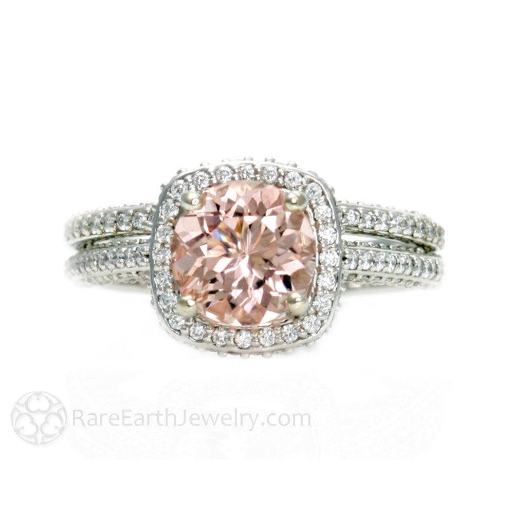 Pave Diamond Halo Morganite Wedding Set Engagement Ring and Band, Rare Earth Jewelry