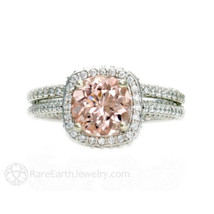 Pave Diamond Halo Morganite Wedding Set Engagement Ring and Band, Rare Earth Jewelry