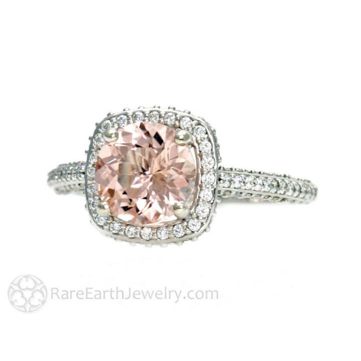 Pave Diamond Halo Morganite Wedding Set Engagement Ring and Band, Rare Earth Jewelry