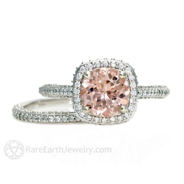 Pave Diamond Halo Morganite Wedding Set Engagement Ring and Band, Rare Earth Jewelry