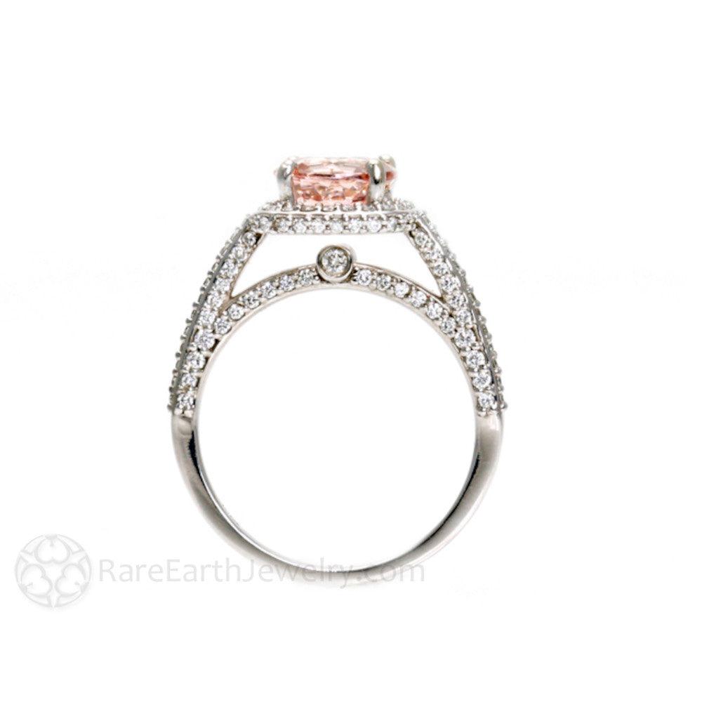 Pave Diamond Halo Morganite Wedding Set Engagement Ring and Band, Rare Earth Jewelry