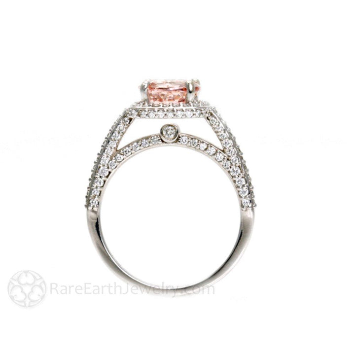 Pave Diamond Halo Morganite Wedding Set Engagement Ring and Band, Rare Earth Jewelry