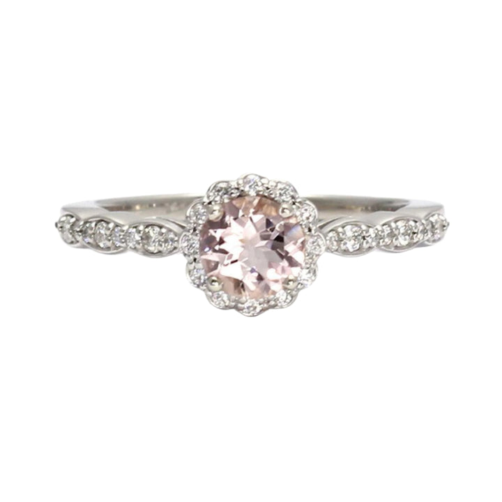 Peach Pink Morganite Engagement Ring, Vintage Inspired Diamond Halo, Unique Engagement Ring | Rare Earth Jewelry