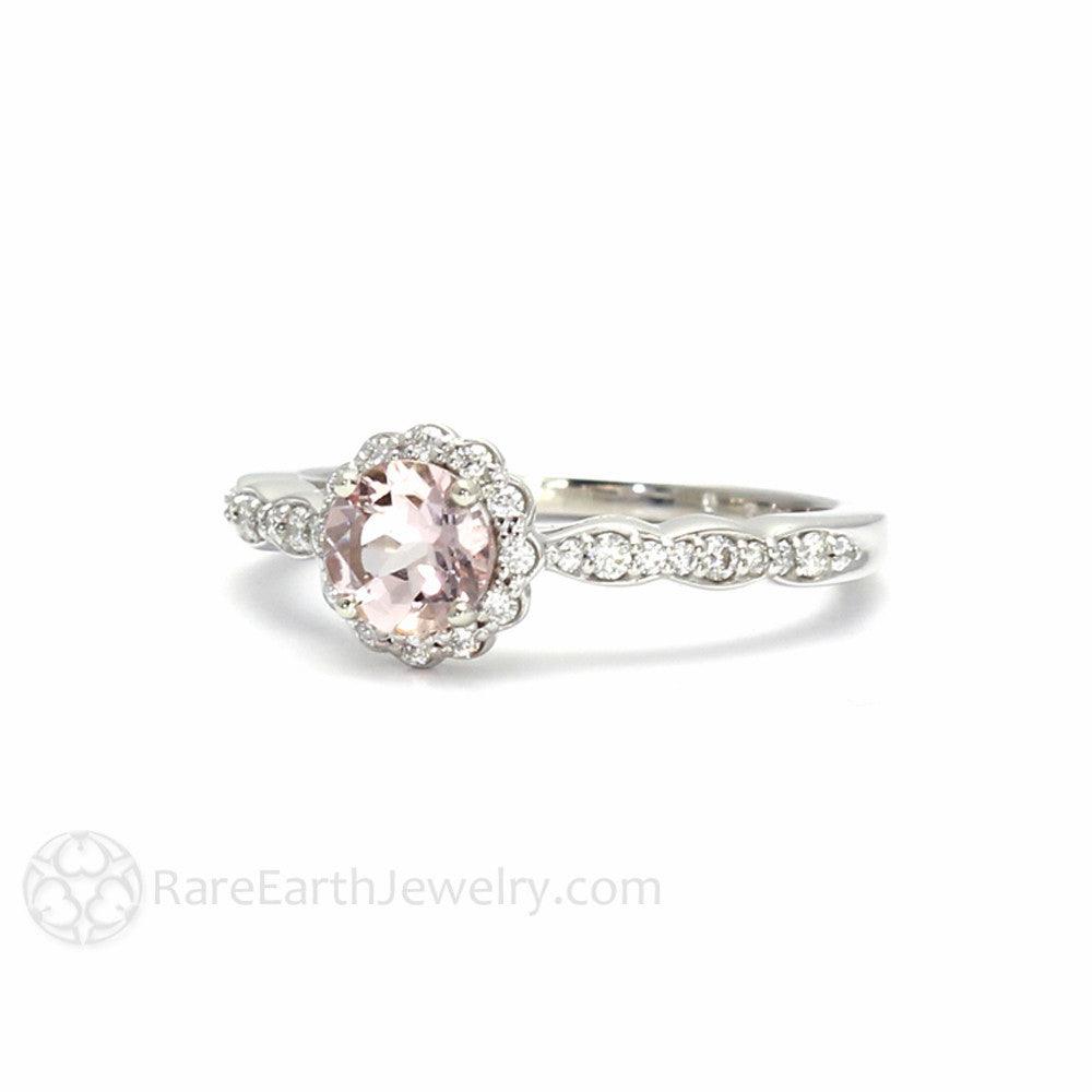 Peach Pink Morganite Engagement Ring with Diamond Halo, Rare Earth Jewelry