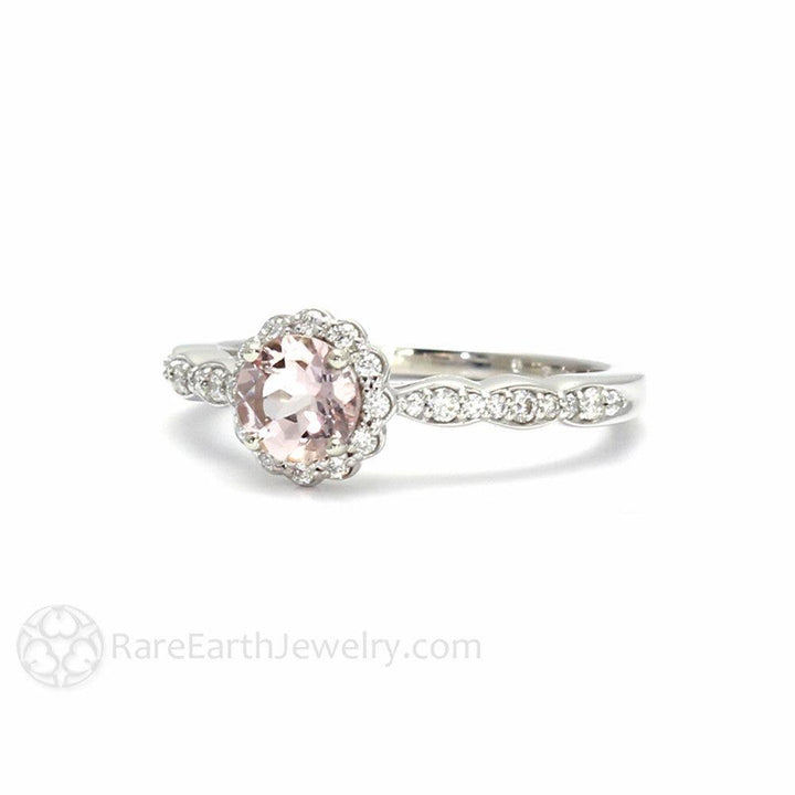 Peach Pink Morganite Engagement Ring with Diamond Halo, Rare Earth Jewelry