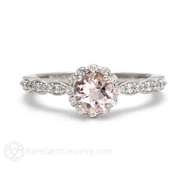 Peach Pink Morganite Engagement Ring with Diamond Halo 18K White Gold - Rare Earth Jewelry