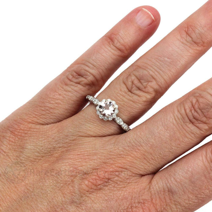 Peach Pink Morganite Engagement Ring with Diamond Halo, Rare Earth Jewelry