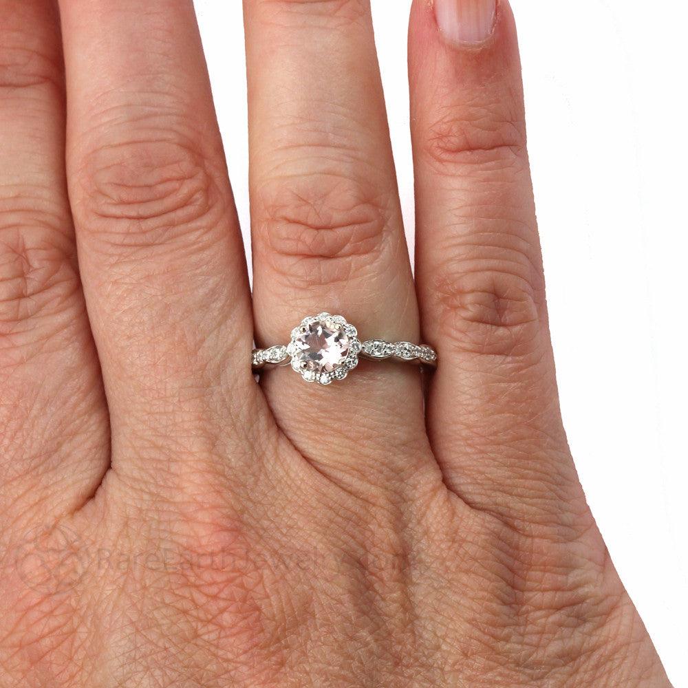 Peach Pink Morganite Engagement Ring with Diamond Halo, Rare Earth Jewelry