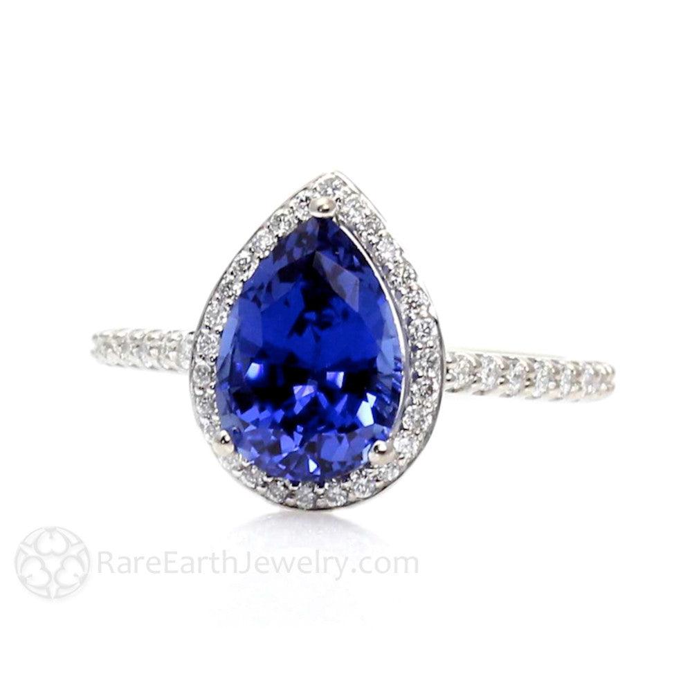 Blue Sapphire Pear Engagement Ring with Diamond Halo, Rare Earth Jewelry