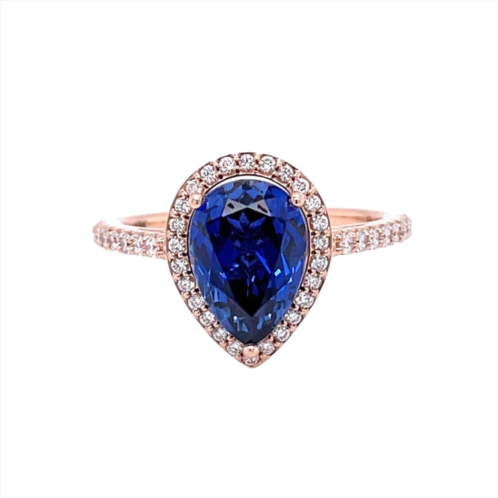 Blue Sapphire Pear Engagement Ring with Diamond Halo, Rare Earth Jewelry